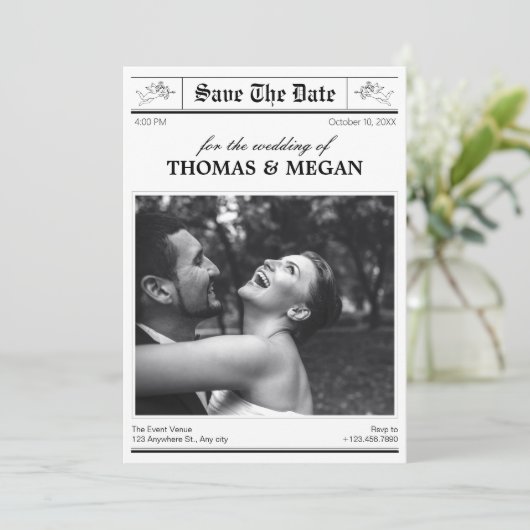 Hochzeitszeitung Foto Save The Date (Stehend Vorderseite)