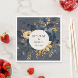 Hochzeitszeitung "Midnight Blue and Gold Floral" Serviette