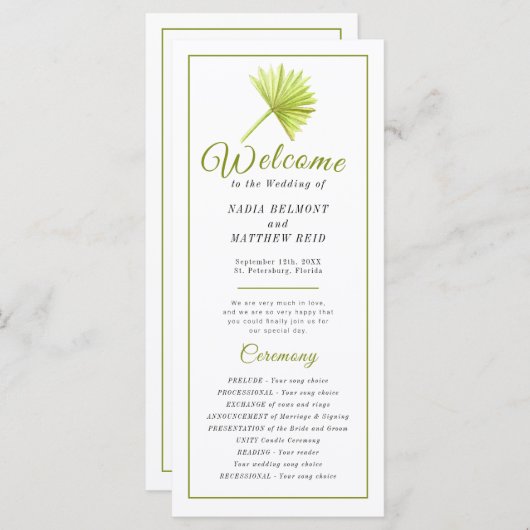 Hochzeitszeremonie auf der grünen Aquarellpalme Programm (Vorne/Hinten)