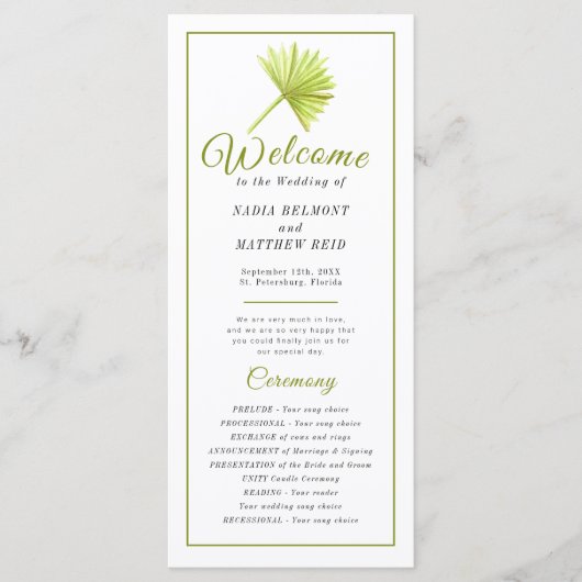 Hochzeitszeremonie auf der grünen Aquarellpalme Programm (Vorderseite)