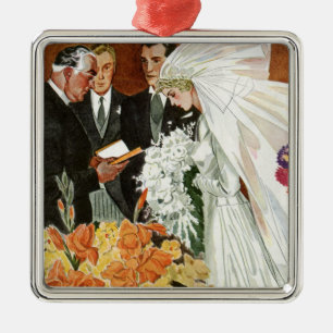 Hochzeitszeremonie im Vintage-Stil mit Braut und B Silbernes Ornament