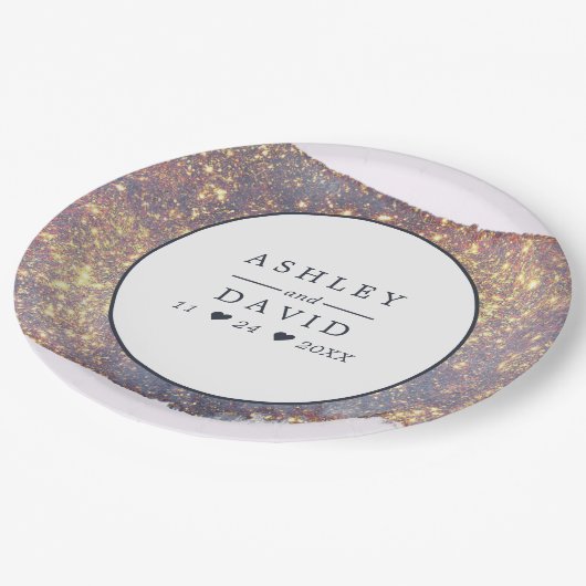 Hochzeitszettel für Lila Glitzer Pappteller (Schrägansicht)