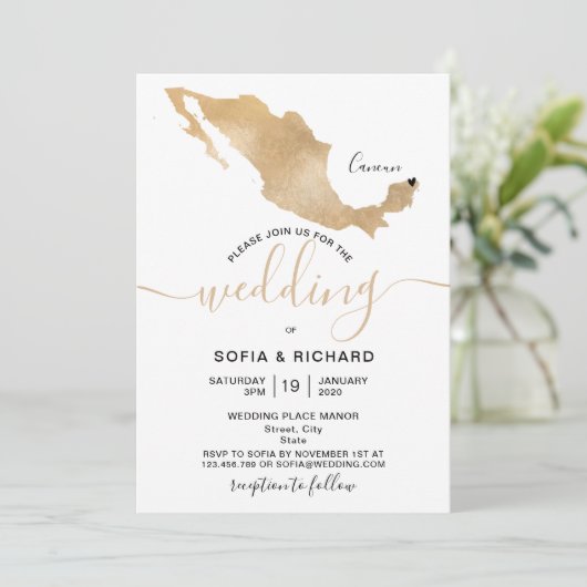 Hochzeitsziel Mexiko Gold Movable Heart Inv Einladung (Stehend Vorderseite)