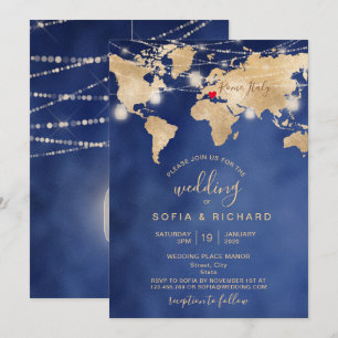 Hochzeitsziel Weltkarte Lichtglas und Herz  Einladung