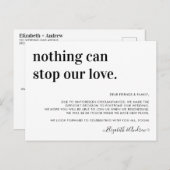 Hochzeitverschiebung Nichts kann die Liebe stoppen Ankündigungspostkarte (Vorne/Hinten)
