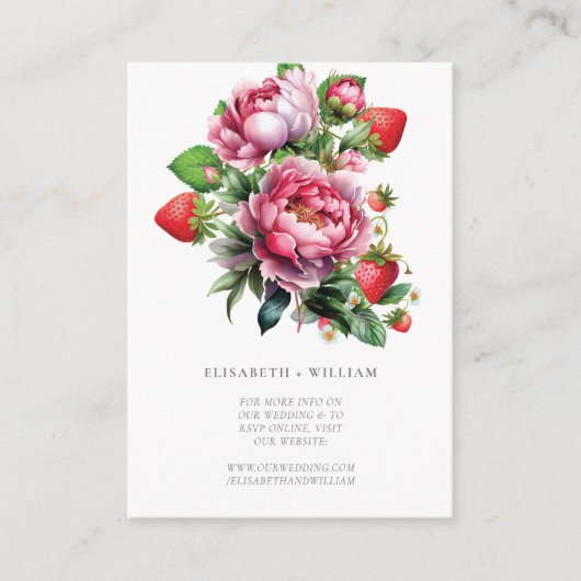 Hochzeitwebsite QR Code Erdbeeren und Peonies Begleitkarte (Vorderseite)