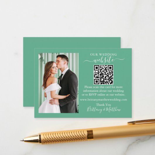 Hochzeitwebsite QR Foto Neo Mint Green Begleitkarte (Vorderseite/Rückseite Beispiel)