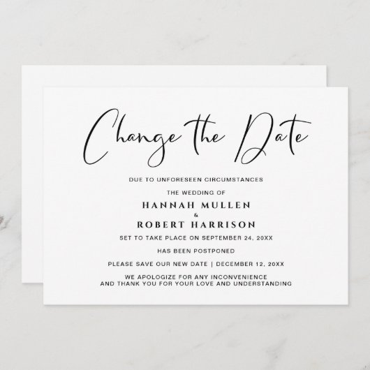 Hochzeitwechsel - Schwarz-weißer Aufschub Ankündigung (Vorne/Hinten)
