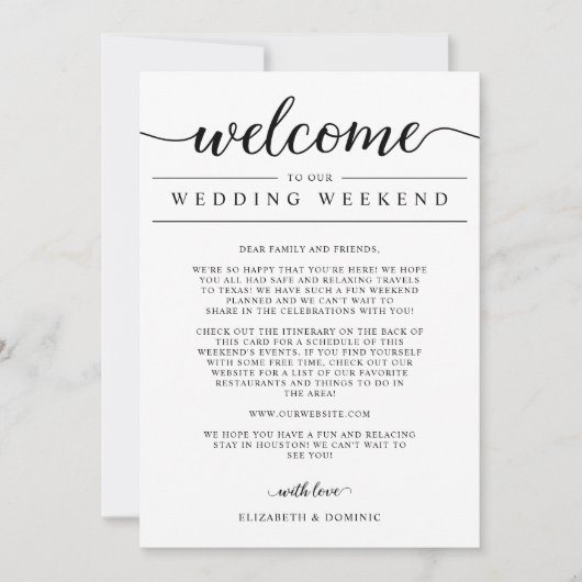 Hochzeitwochenende Begrüßung und Dinge zum Kartenv (Vorderseite)