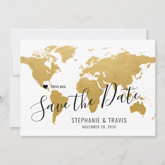 Hochzeitziel Weltkarte Gold bewegliches Herz Save The Date (Vorderseite)