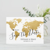 Hochzeitziel Weltkarte Gold bewegliches Herz Save The Date (Stehend Vorderseite)