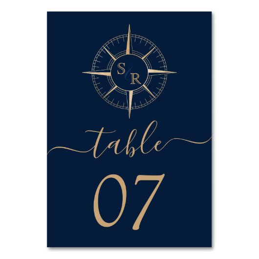 Hochzeitziel World Map Compass Monogram Tischnummer (Vorderseite)