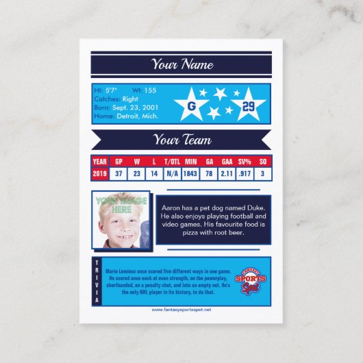 Hockey All Star - Goalie Stats Telefonnummerkarte (Rückseite)