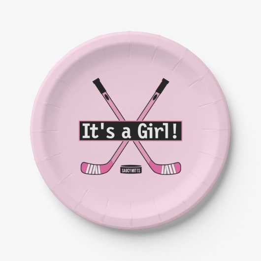 Hockey Baby Es ist ein Girl Pink Hockey Sticks Pappteller (Vorderseite)