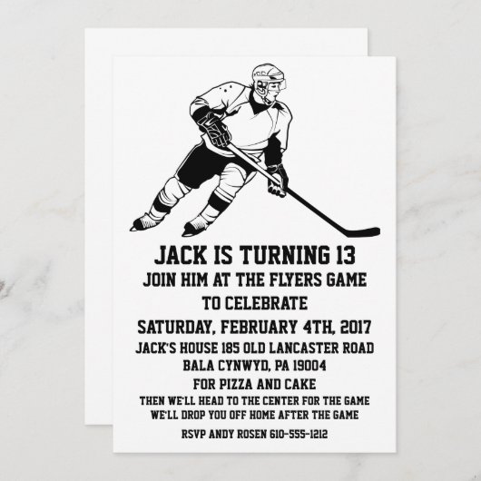 HOCKEY BIRTHDAY PARTEI EINLAGE EINLADUNG (Vorne/Hinten)