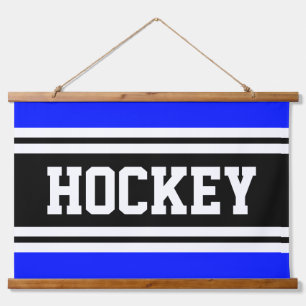 HOCKEY Bright Blue Schwarz-weiß Racing Streifen Wandteppich Mit Holzrahmen