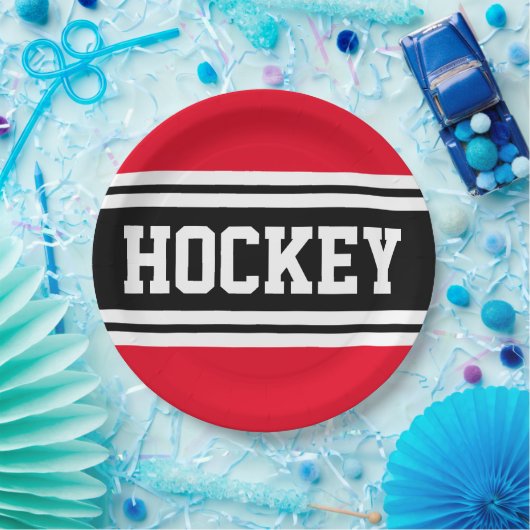 HOCKEY Bright Red Schwarz-weiß Racing Streifen Pappteller (Party)