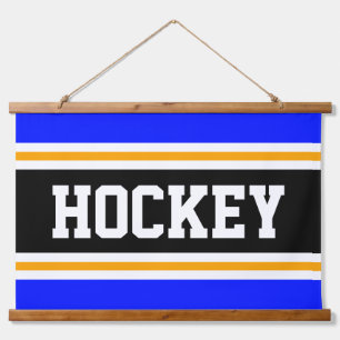 HOCKEY Bright Vivid Blue Black Yellow Streifen Wandteppich Mit Holzrahmen