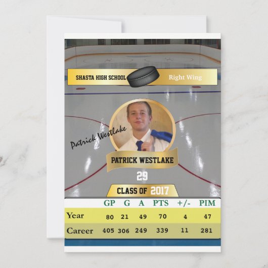 Hockey Card W/ Stats Grad Einladungen - Gold (Vorderseite)