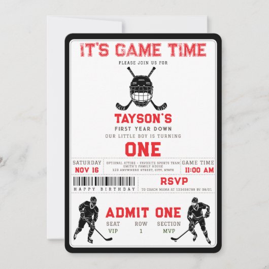 Hockey First Year Down – 1st Birthday Einladung (Vorderseite)