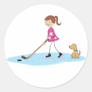 Hockey Girl Cartoon Pink Runder Aufkleber