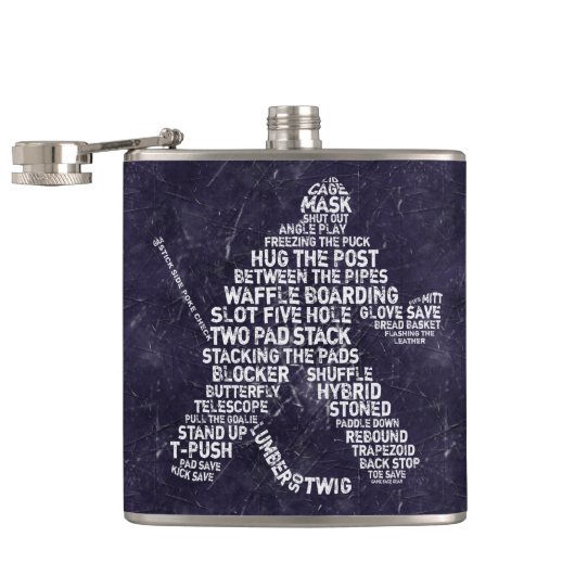 Hockey Goalie Calligram Hip Flask, Eisuntergrund Flachmann (Geöffnet)