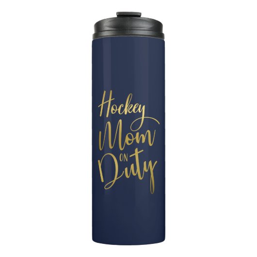 Hockey Mama auf Duty Stylish Gold Script Navy Blue Thermosbecher (Vorderseite)