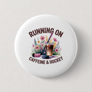 Hockey-Mama läuft auf Koffein Eiskaffee Hockey Button
