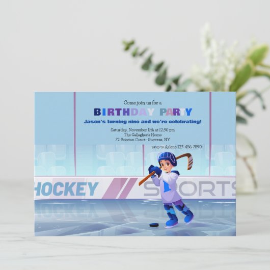 Hockey Player Einladung zum Geburtstag (Stehend Vorderseite)