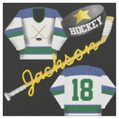 Hockey Player Jersey Puck und Stick Name Number Stoff (Nahaufnahme)