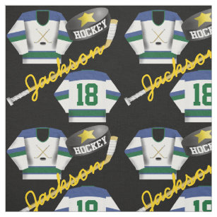 Hockey Player Jersey Puck und Stick Name Number Stoff