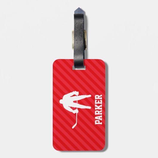 Hockey Player; Scarlet Red Strips Gepäckanhänger (Rückseite vertikal)
