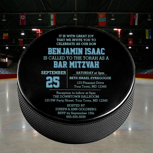 Hockey Puck Round Blue Bar Mitzvah Einladung