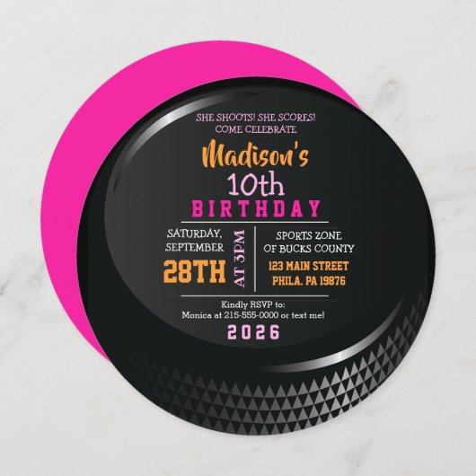 HOCKEY PUCK ROUND Girls Geburtstagsparty Einladung (Vorne/Hinten)