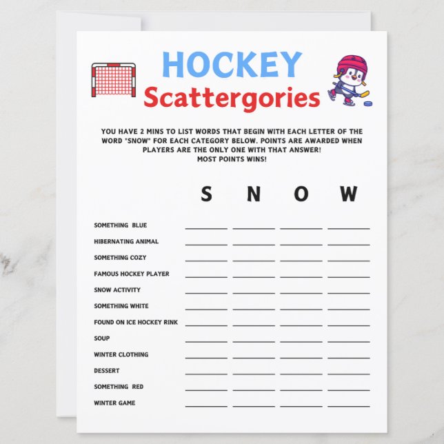 Hockey Scattergories Game (Vorderseite)