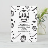 Hockey schwarz und weiß 10. Geburtstag Einladung (Stehend Vorderseite)
