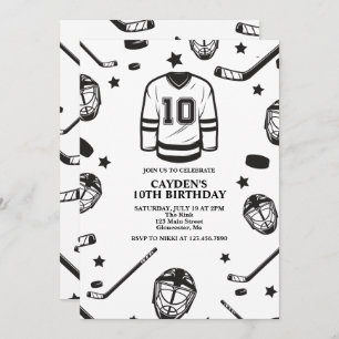 Hockey schwarz und weiß 10. Geburtstag Einladung
