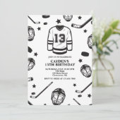 Hockey schwarz und weiß 13. Geburtstag Einladung (Stehend Vorderseite)
