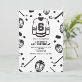 Hockey schwarz und weiß 6. Geburtstag Einladung (Stehend Vorderseite)