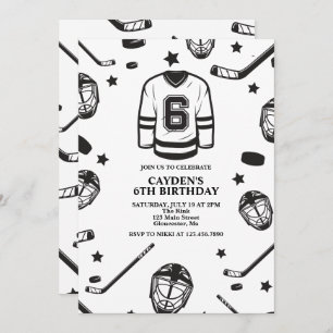 Hockey schwarz und weiß 6. Geburtstag Einladung