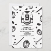 Hockey schwarz und weiß 9. Geburtstag Einladung (Vorderseite)