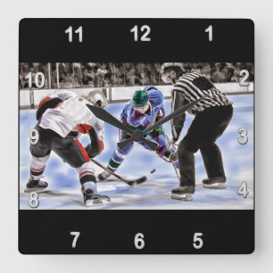Hockey-Spieler und Referent stellen weg gegenüber Quadratische Wanduhr