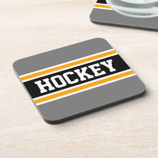 HOCKEY Sporty Graugelbe Schwarz-weiße Streifen Getränkeuntersetzer (Linke Seite)