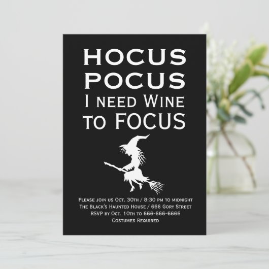 HOCUS POCUS I need Wine to FOCUS Halloween-Party Einladung (Stehend Vorderseite)