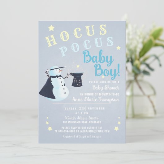 Hocus Pocus Magic Snowman Winter Boy Baby Dusche Einladung (Stehend Vorderseite)