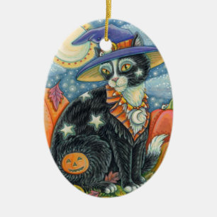 HOCUS POCUS SCHWARZE KATZE HEXE & MAUS HALLOWEEN KERAMIK ORNAMENT
