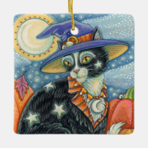 HOCUS POCUS SCHWARZE KATZE HEXE & MAUS HALLOWEEN KERAMIKORNAMENT