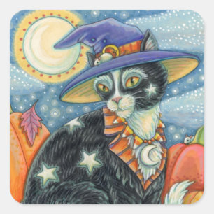 HOCUS POCUS SCHWARZE KATZE HEXE & MAUS HALLOWEEN QUADRATISCHER AUFKLEBER
