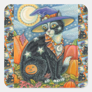 HOCUS POCUS SCHWARZE KATZKRAFT UND MAUSHALLOWEE QUADRATISCHER AUFKLEBER