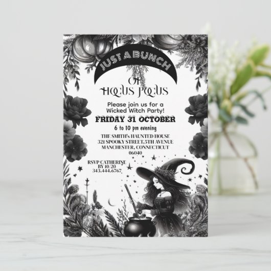 Hocus Pocus Wicked Hexe Party Gothic Script Black Einladung (Stehend Vorderseite)